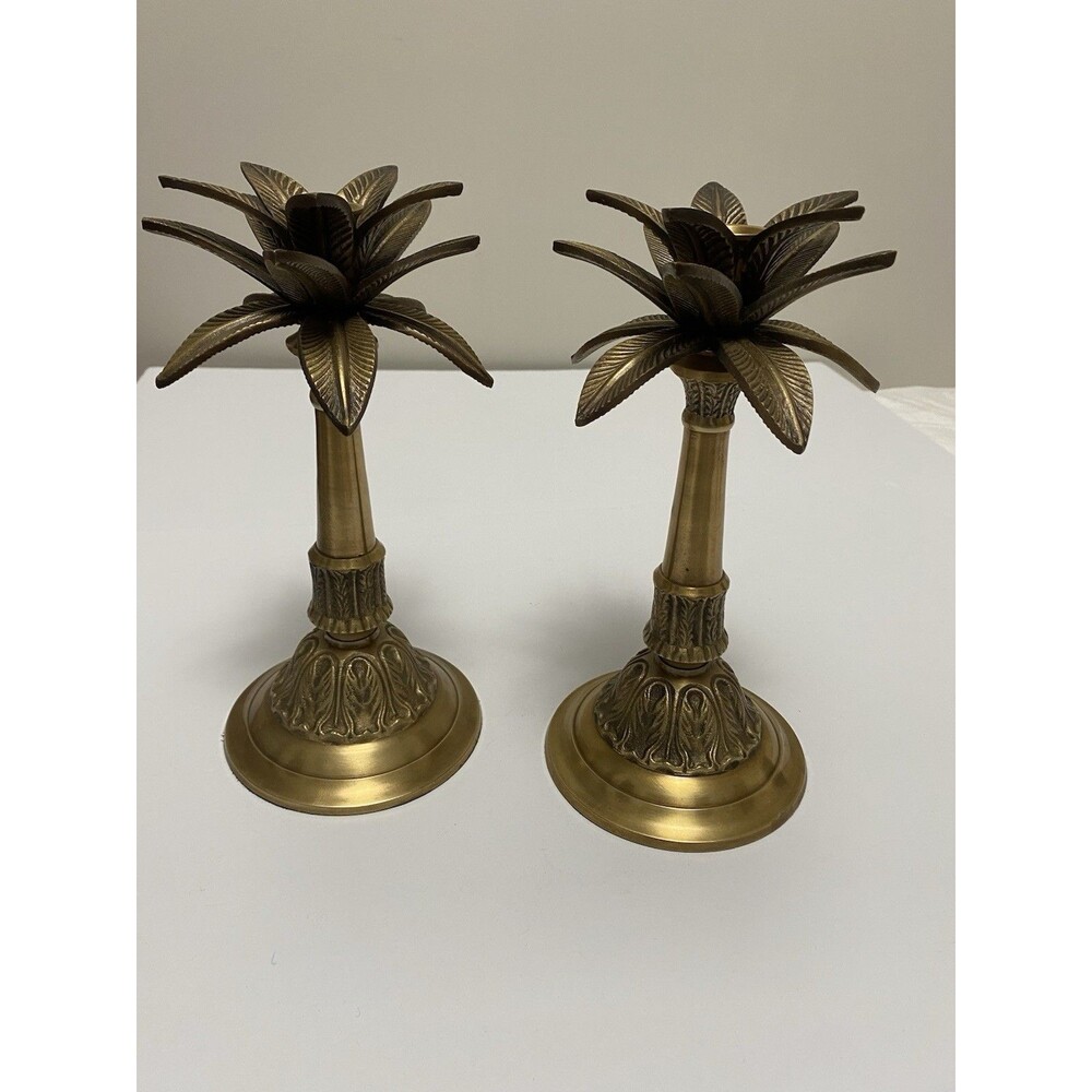 Set of 2 Vintage Brass Palm Tree Candlesticks 11” Hollywood Regency